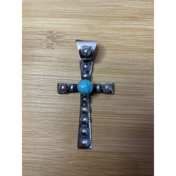 Chimney Butte Native American Sterling Cross Pendant Turquoise - Picture 1 of 9